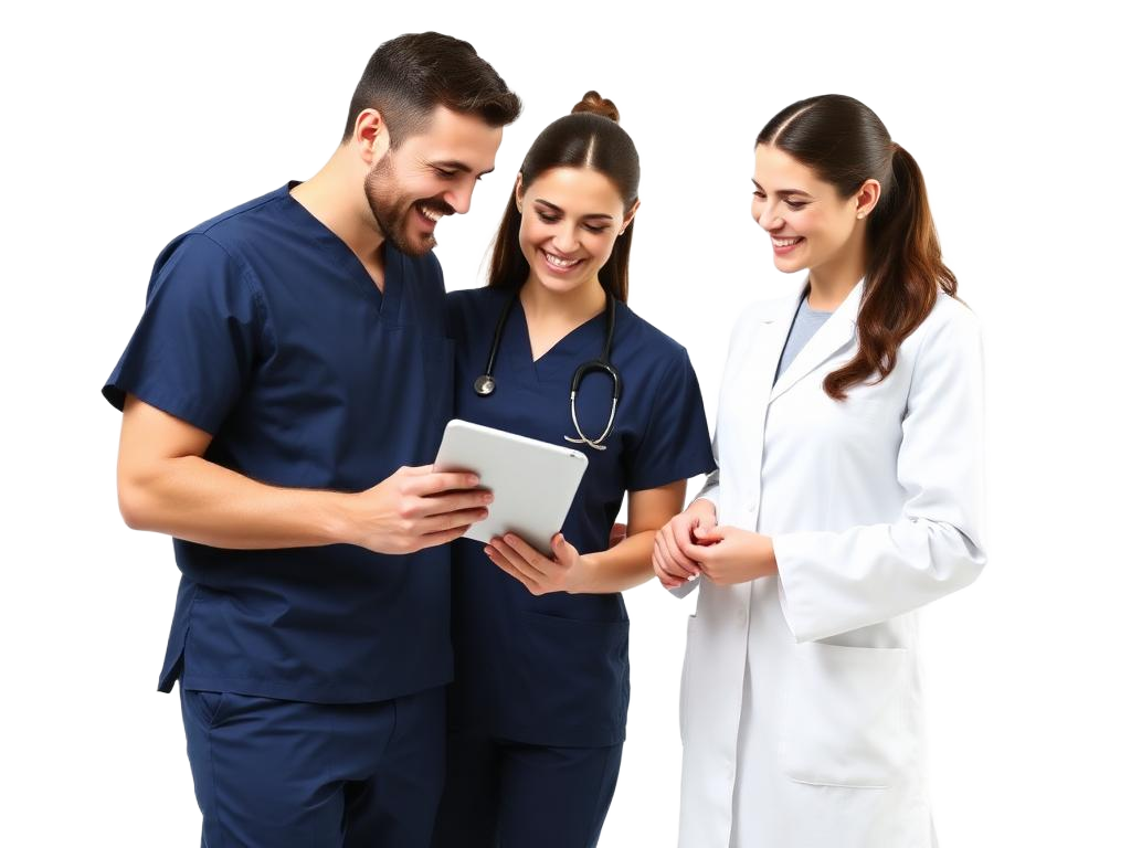 Equipo odontológico revisando los datos de la clínica en una tablet